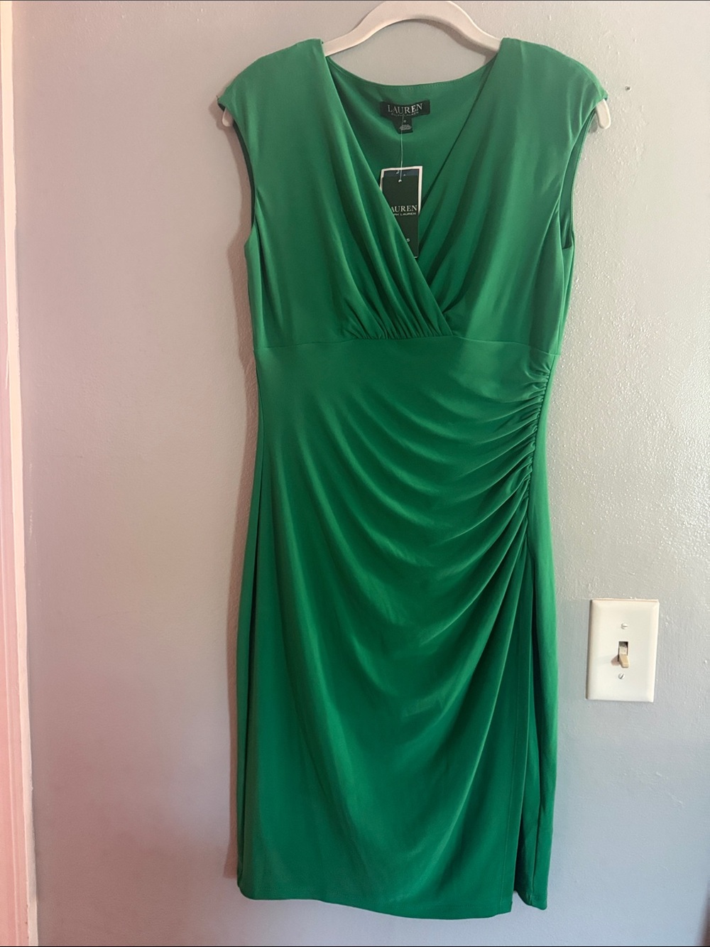 Lauren Ralph Lauren Emerald Green Faux-Wrap Ruched Midi Dress